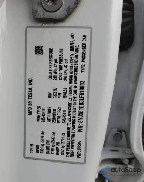 2020 Tesla Model 3 from USA, damaged, VIN 5YJ3E1EB3LF619003
